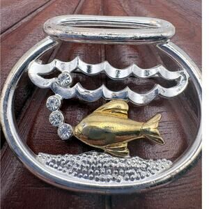 Vintage Dual-Tone Fishbowl Brooch With Rhinestone Bubbles